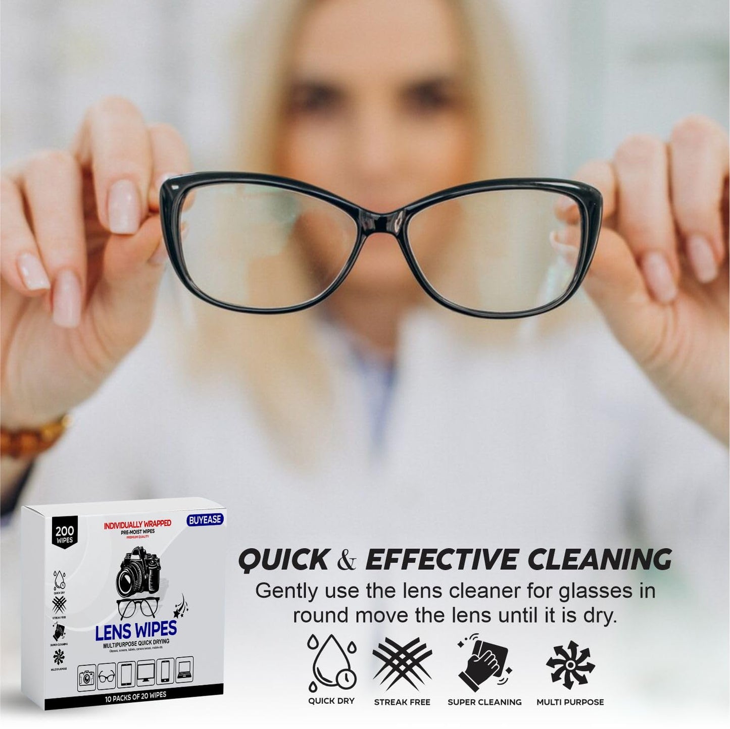 Cleaning Wipes Multipurpose Lens Wipes Pack of 200 โ Glasses, Cameras & Screens Cleaner
