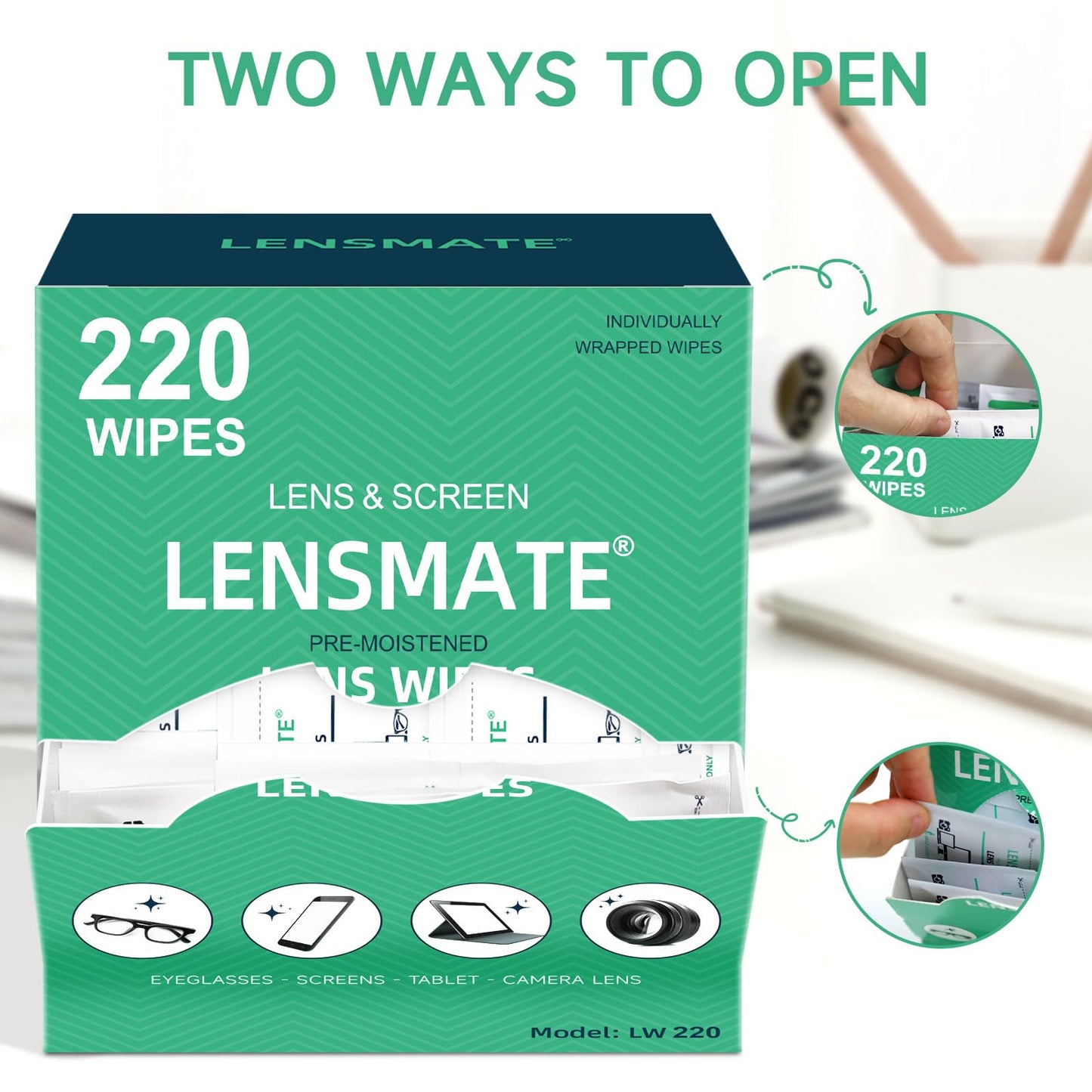 Lensmate 220 Count Lens Wipes โ Pre-Moistened & Individually Wrapped Eyeglass Cleaning Wipes