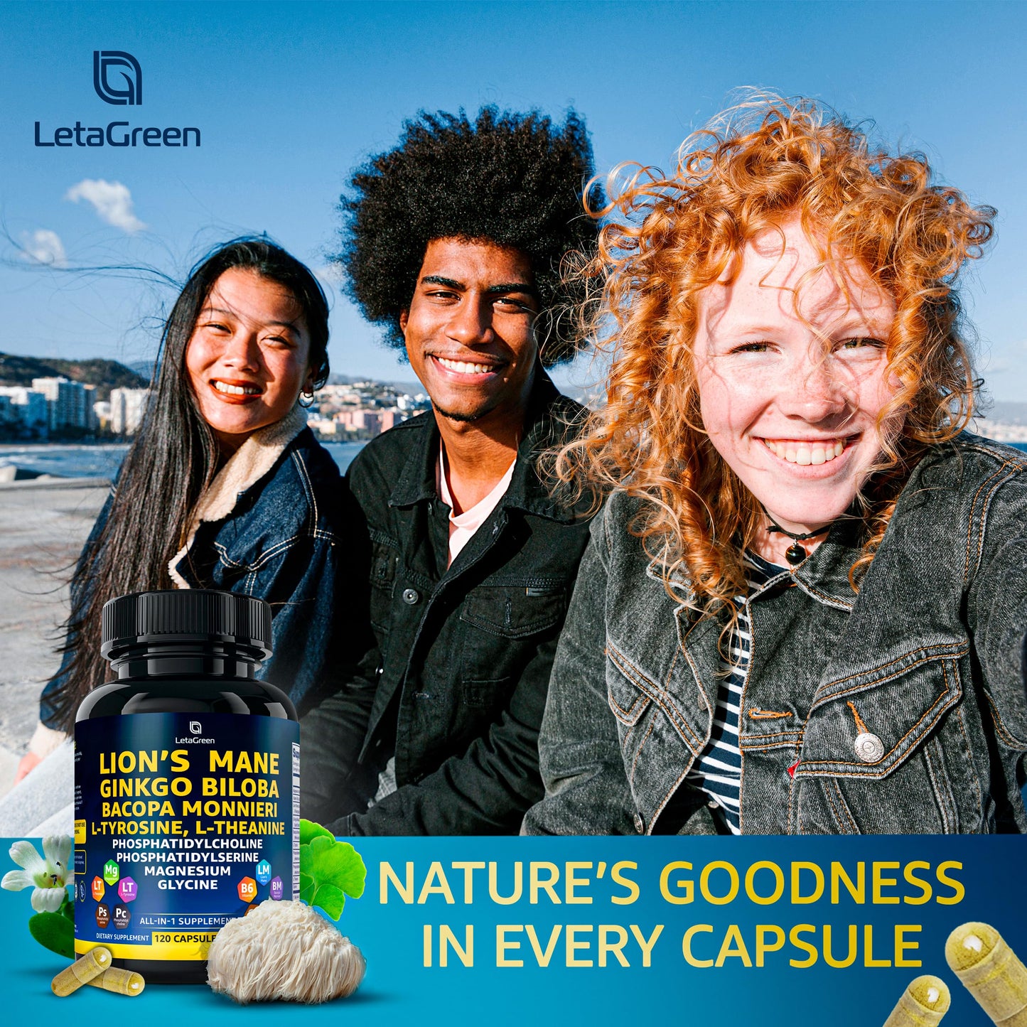 LetaGreen Organic Lion's Mane Capsules β 120 Real Mushrooms with Ginkgo Biloba, Bacopa Monnieri, L-Theanine & L-Tyrosine for Daily Wellness