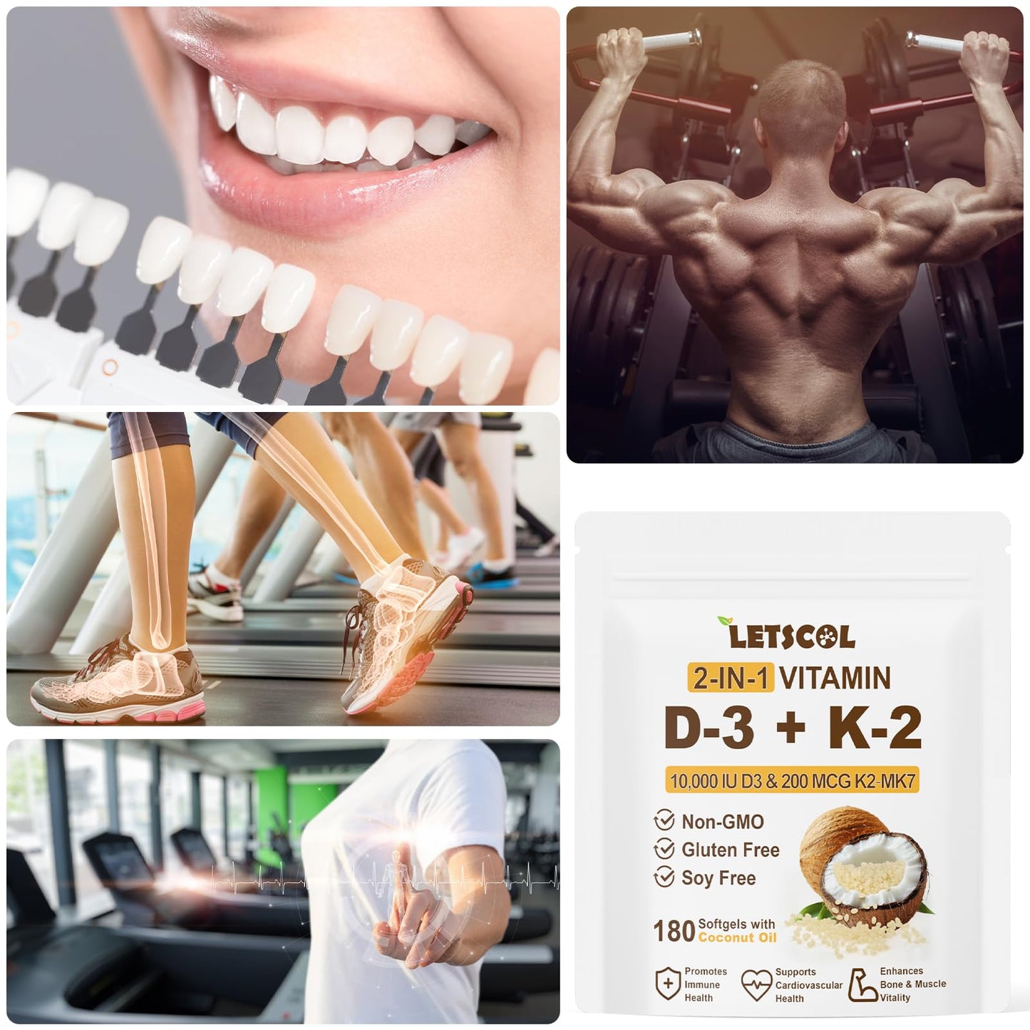 LETSCOL 2-in-1 Vitamin D3 K2 Softgel โ 10,000 IU D3 + 200 mcg K2 MK7