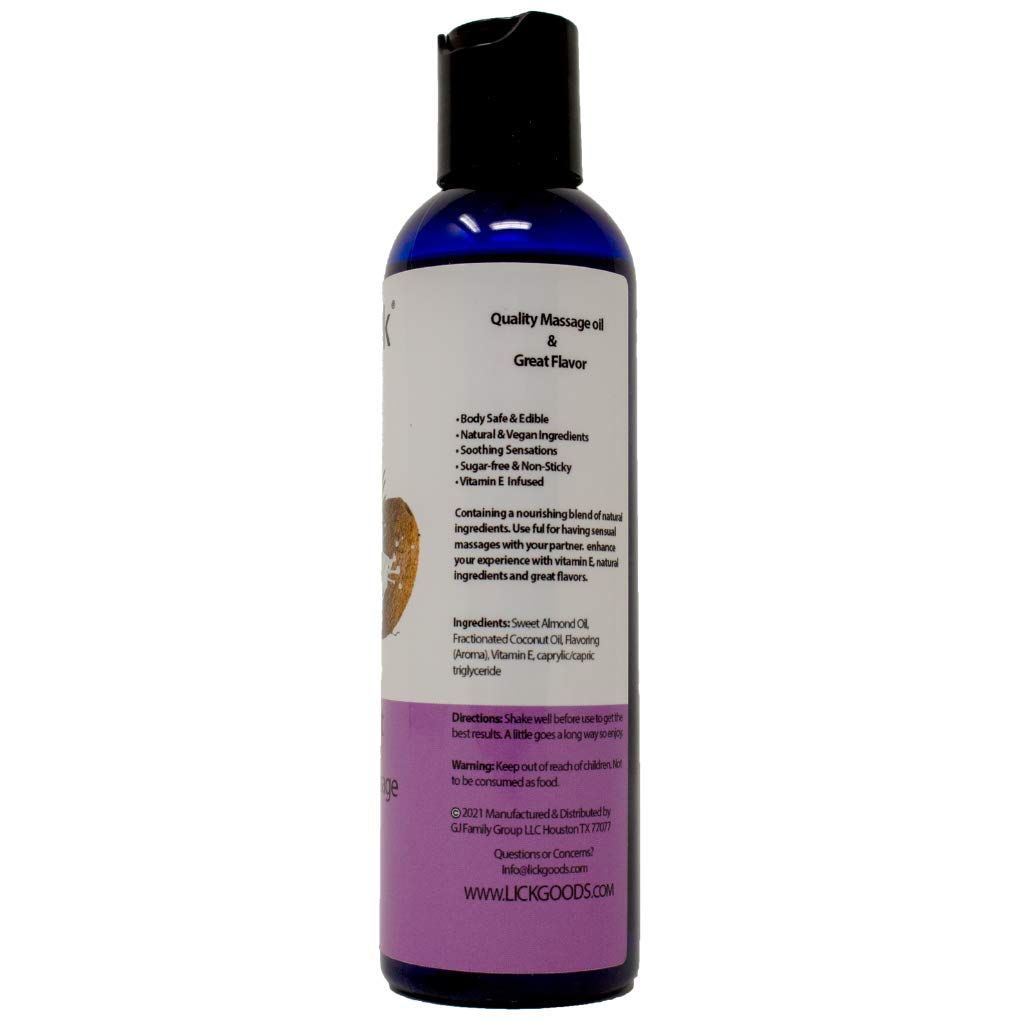 Lick Coconut Massage Oil โ Romantic, Body Safe, Non-Greasy 4 oz