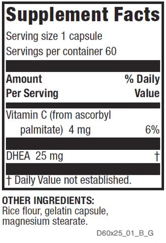 Life Enhancement DHEA Original โ 25 mg DHEA + 4 mg Vitamin C | 60 Servings