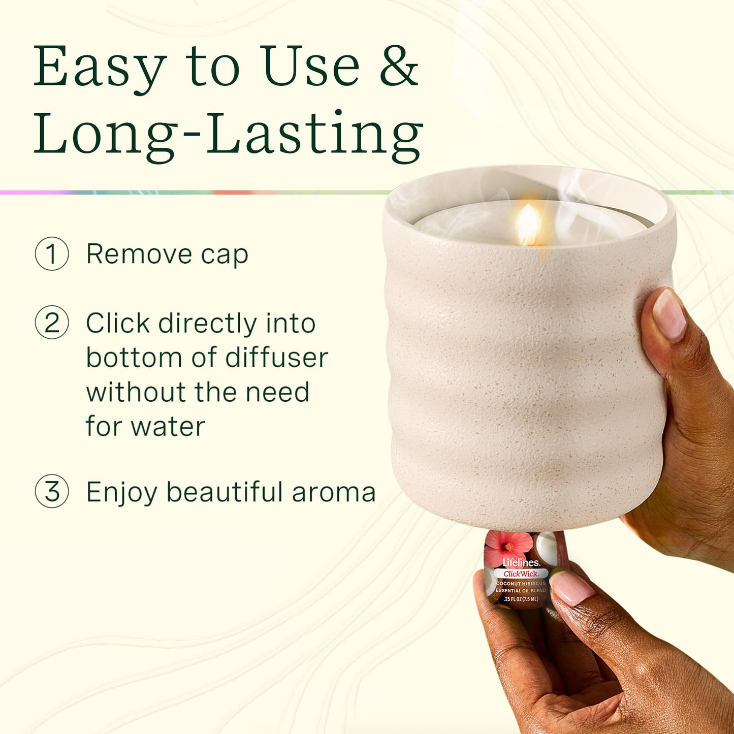 Lifelines Flameless Candle Diffuser with 2 ClickWick Blends โ Cordless Waterless Aromatherapy Cream Bubble