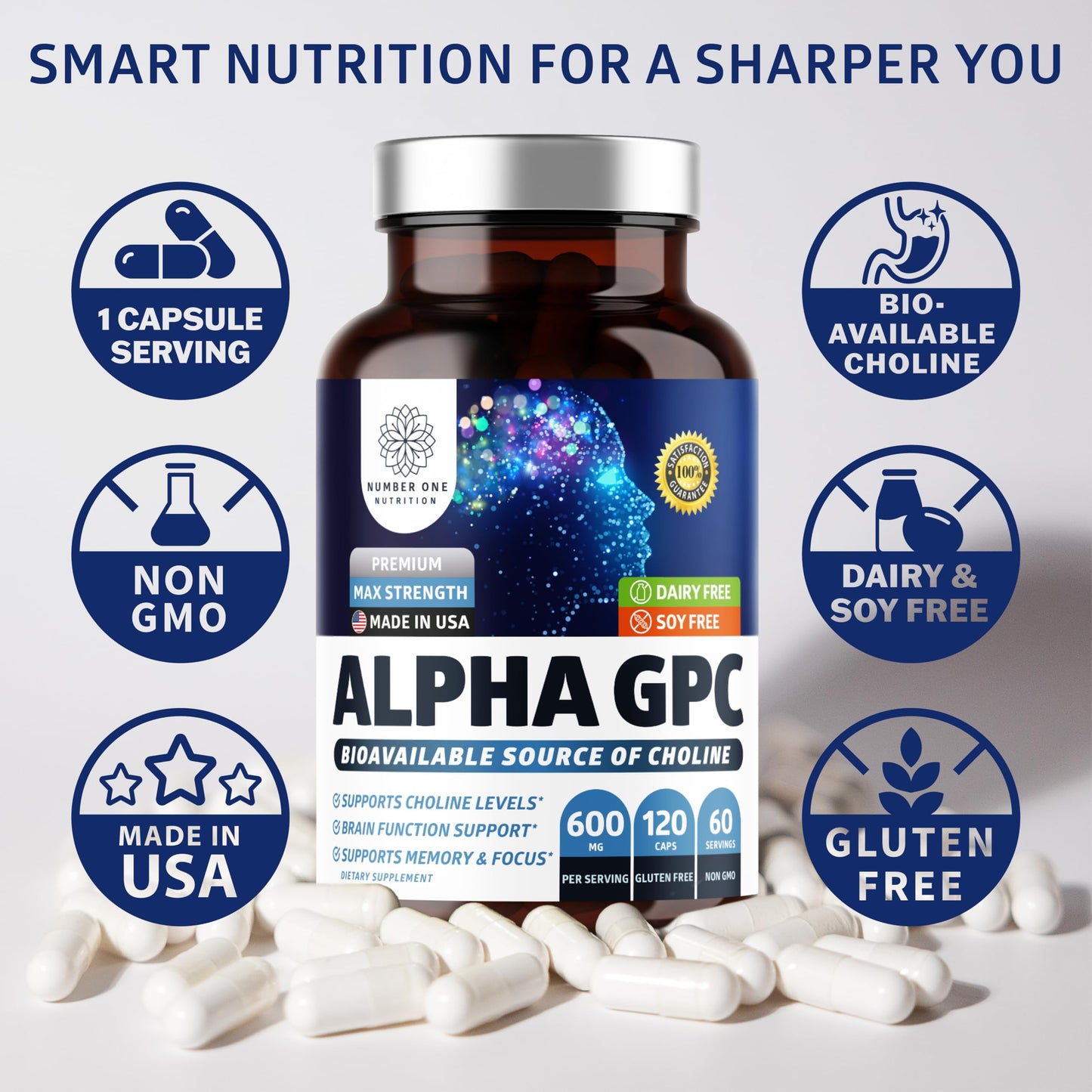 Number One Nutrition Premium Alpha GPC Choline Capsules 600mg β Natural Brain Support for Focus, Memory, Clarity & Energy | 120 Veg Caps