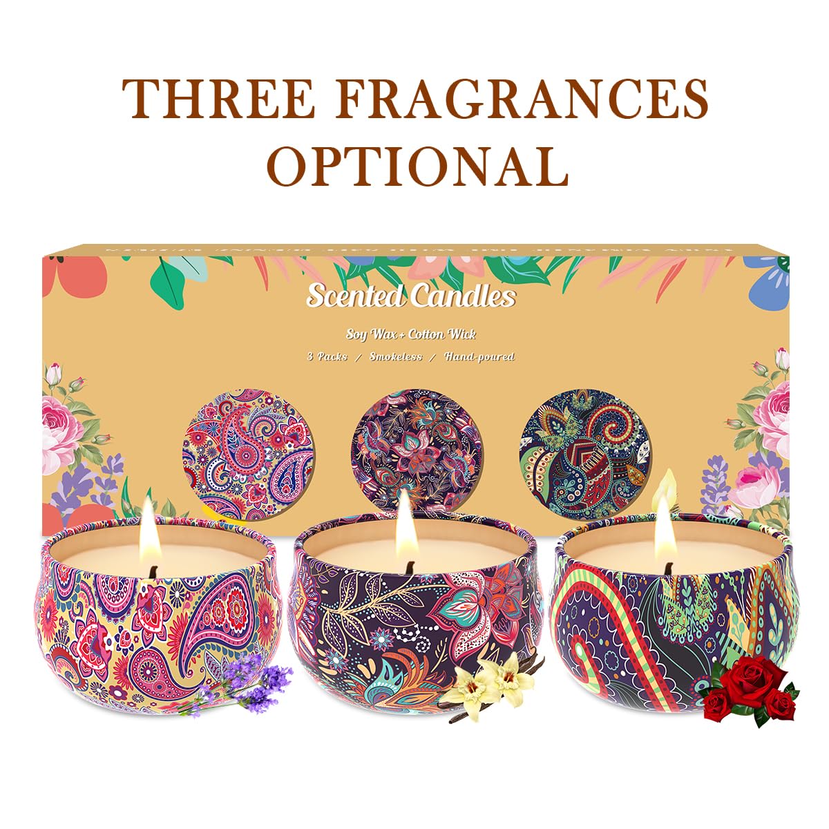 3 Pack Home Scented Candles โ Lavender, Vanilla & Rose | 2.5 oz Soy