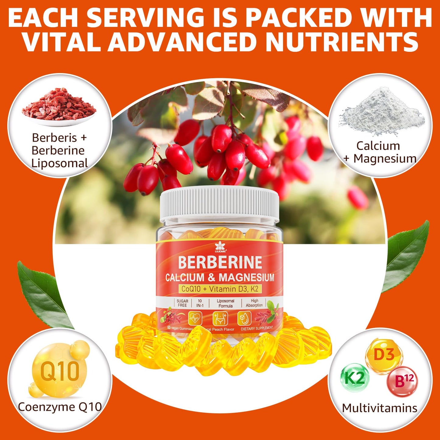 LILICARE Berberine Gummies โ Sugar Free with Liposomal Berberine, Magnesium, Calcium, AMPK Activator โ Pack of 2