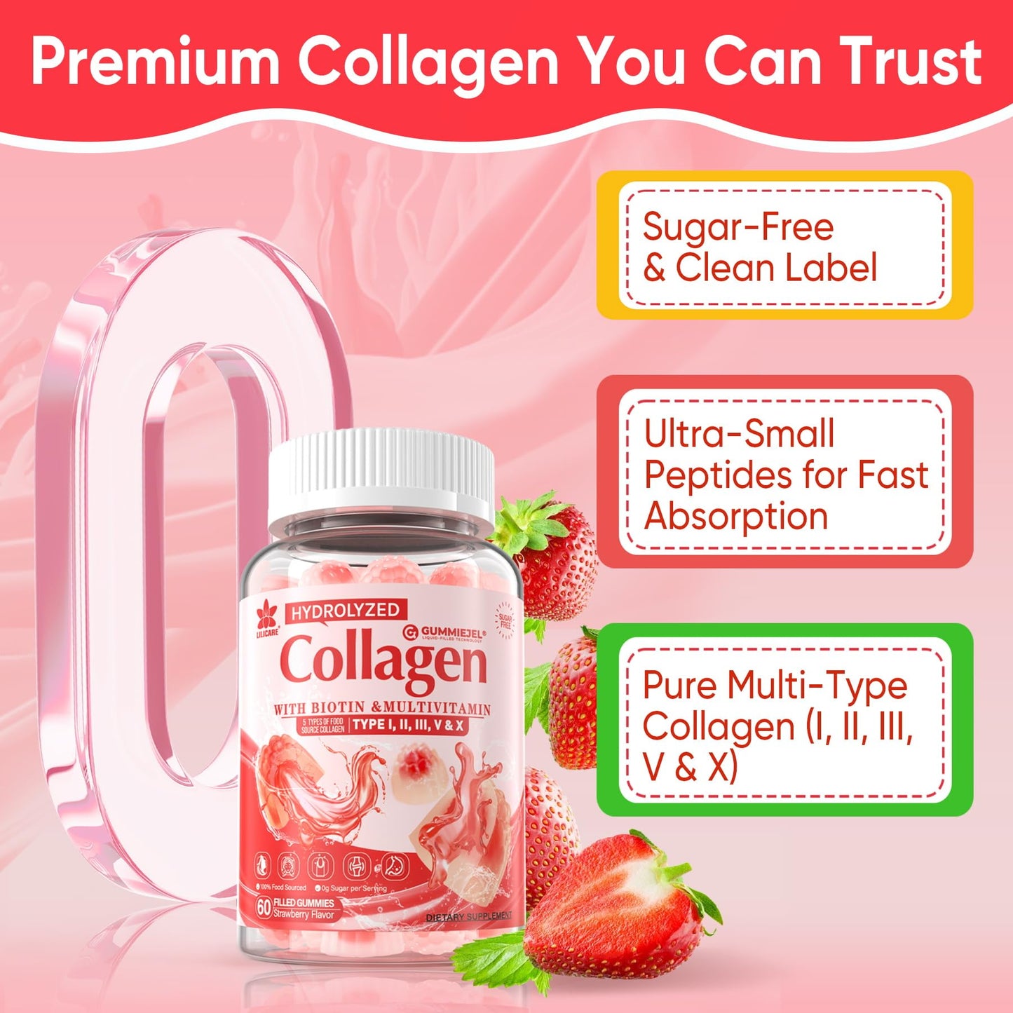 LILICARE 2Pack Sugar-Free Hydrolyzed Collagen Gummies β 1500mg Multi-Collagen, 5000mcg Biotin, Immune & Skin Support
