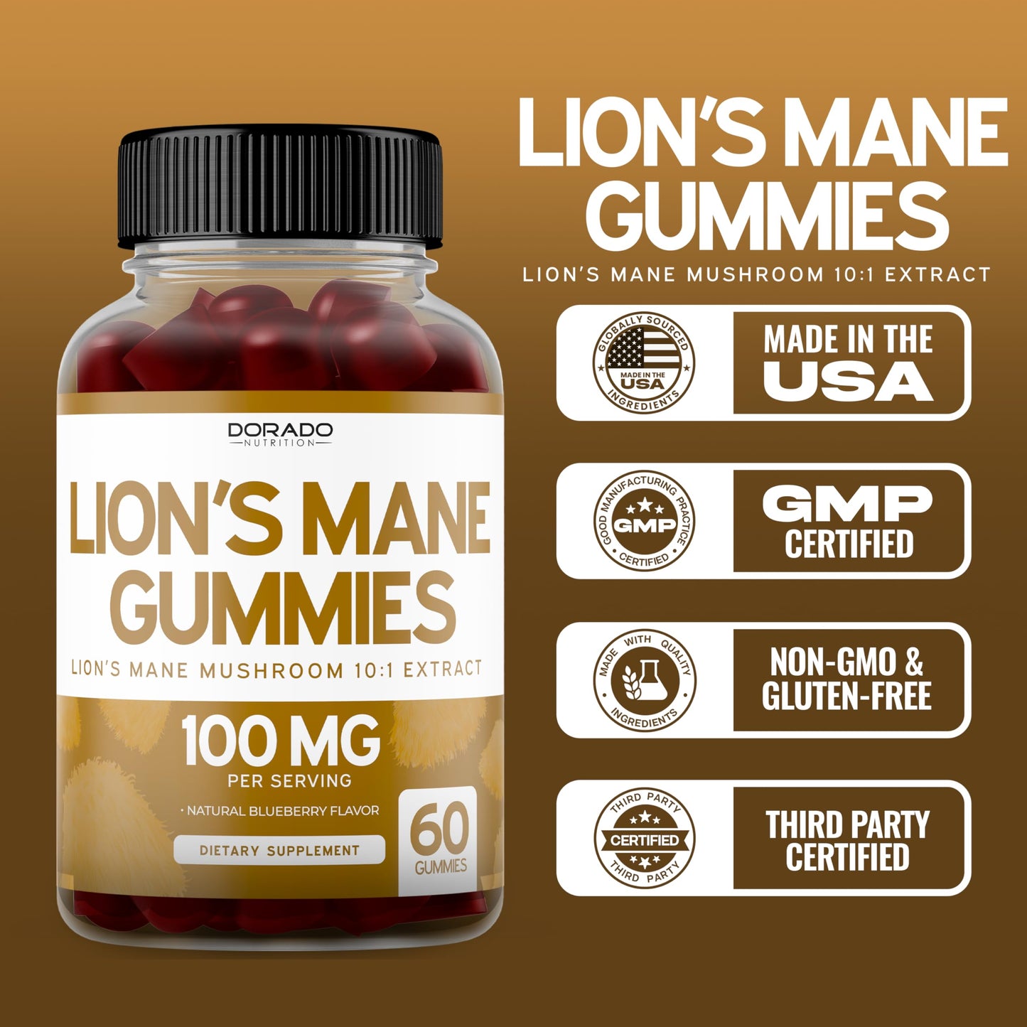 Lions Mane Gummies 60 Count โ Blueberry Flavor, Brain Support, USA Made