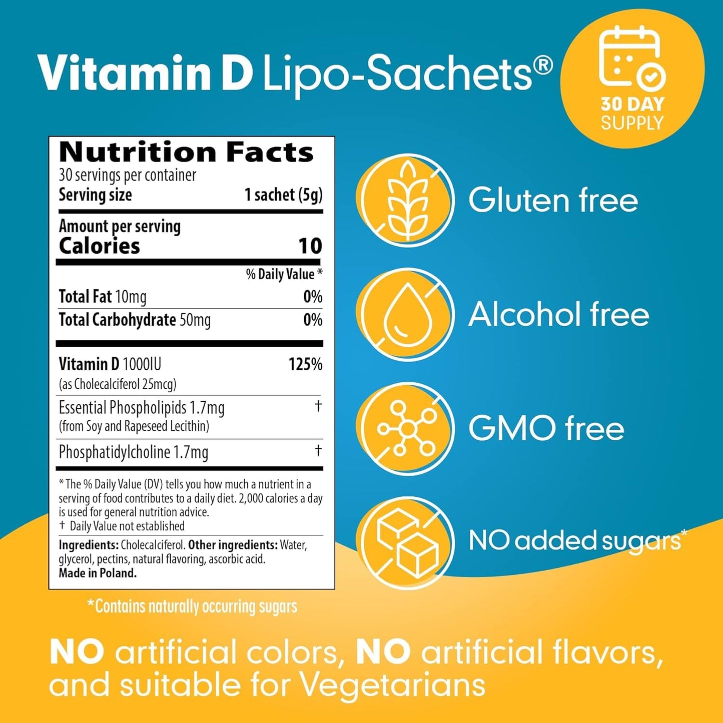Lipo-Sachets Liposomal Vitamin D3 โ 1000IU per Serving, Immune Support, High Absorption, GMO Free, 30 Packets
