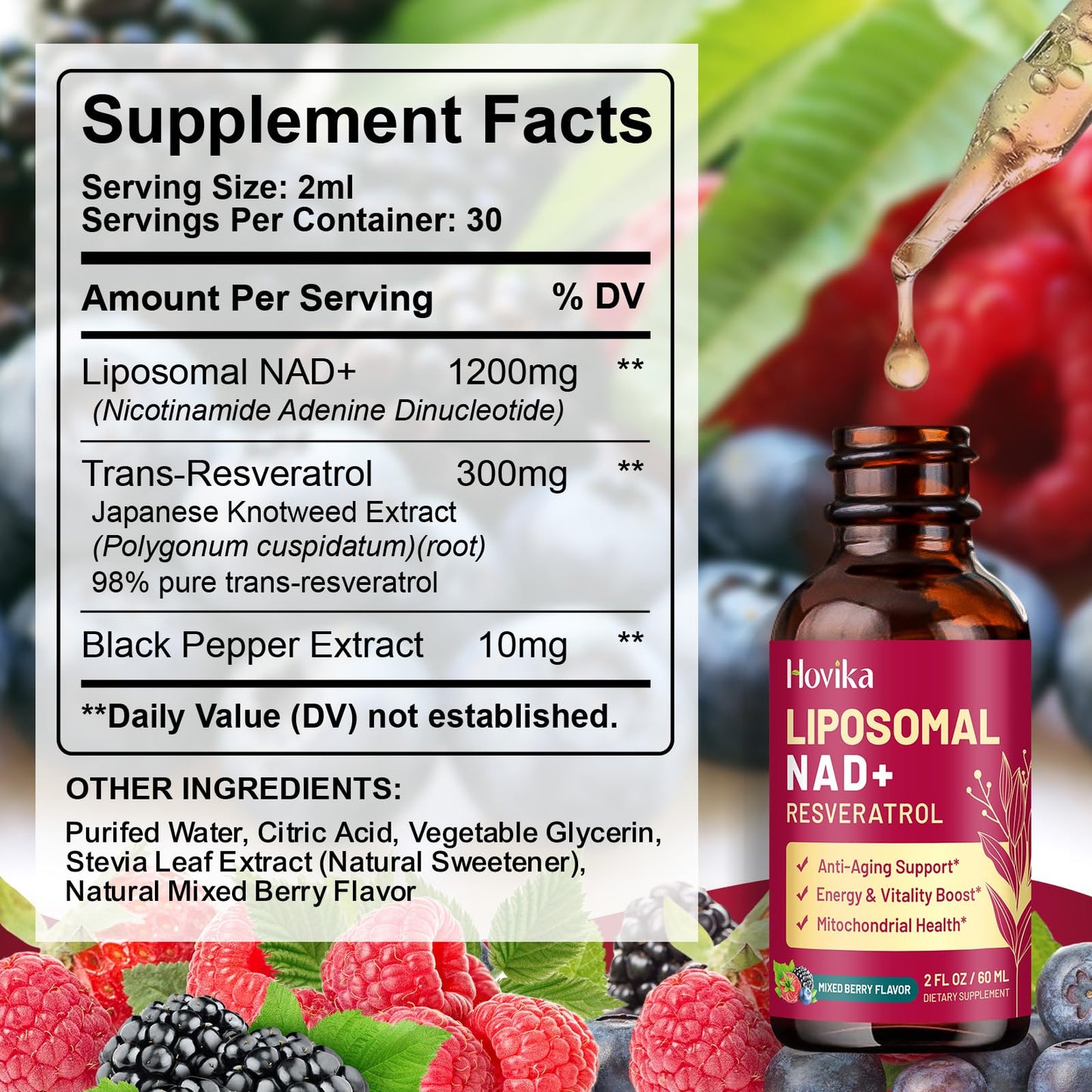 2 Pack Liposomal NAD Supplement โ 1200mg NAD+ Drops with Resveratrol & Black Pepper (Mixed Berry)