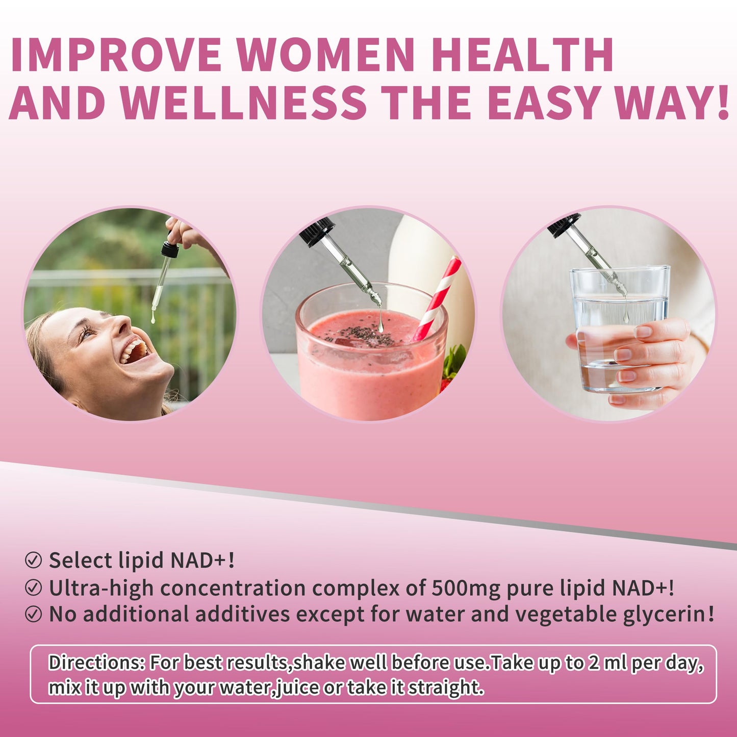 Liposomal NAD Liquid Supplement for Women โ 500mg NAD+, 2 Fl Oz, Vegan, Sugar-Free, Additive-Free