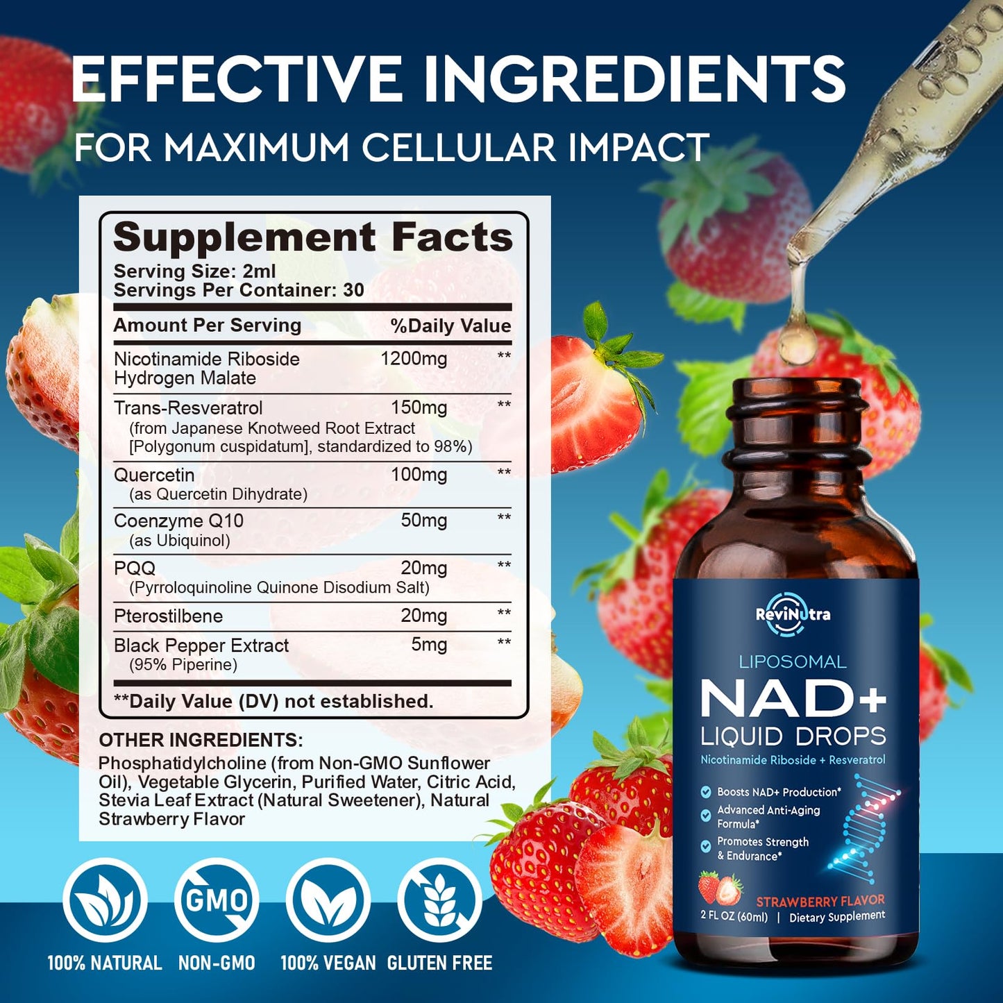 Liposomal NAD+ Liquid โ NR, PQQ, Resveratrol, CoQ10 (Strawberry) 2 oz