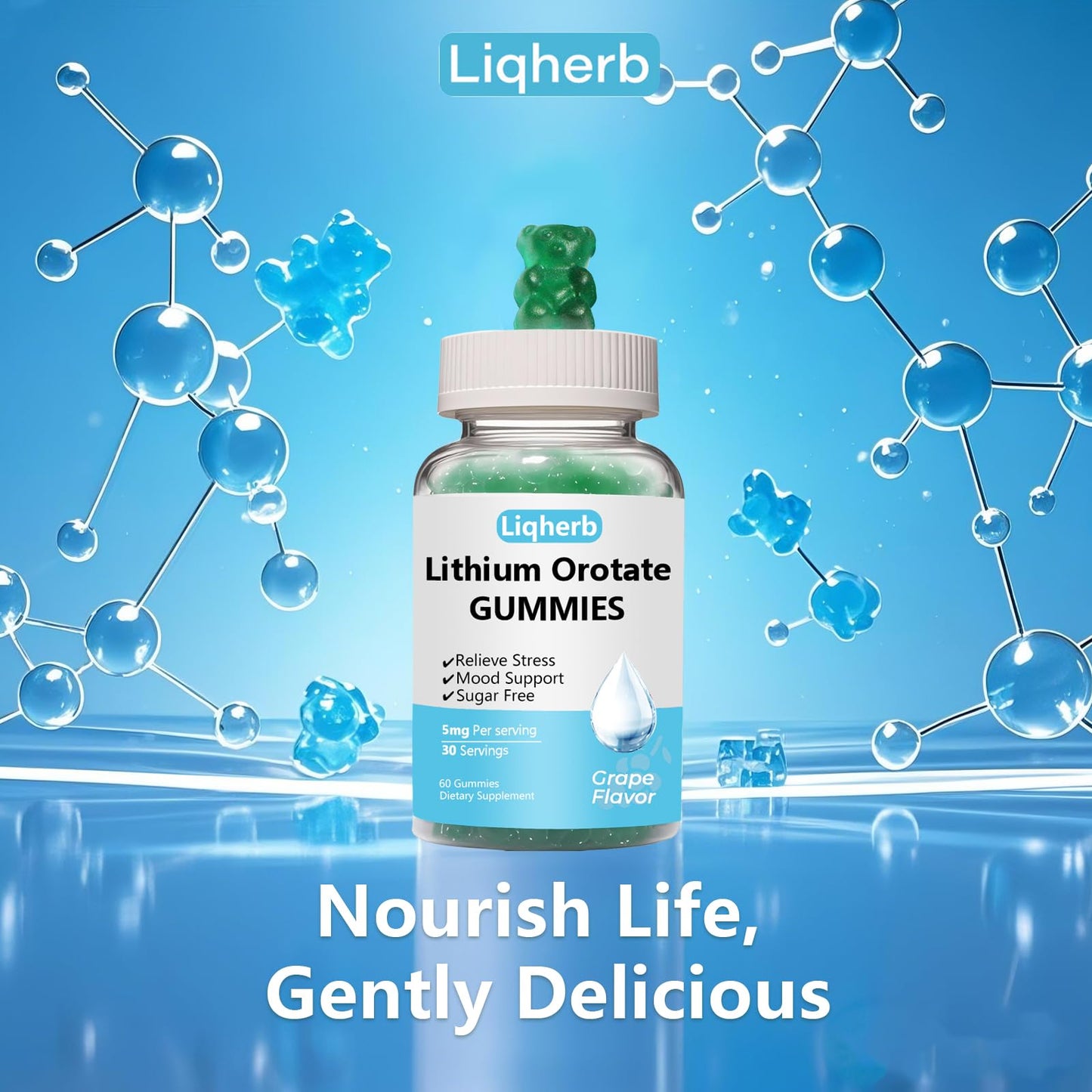 Liqherb Lithium Orotate 5mg Gummies โ Mood Support & Stress Management, Vegan, Sugar-Free, Gluten-Free | Grape Flavor, 60 Gummies