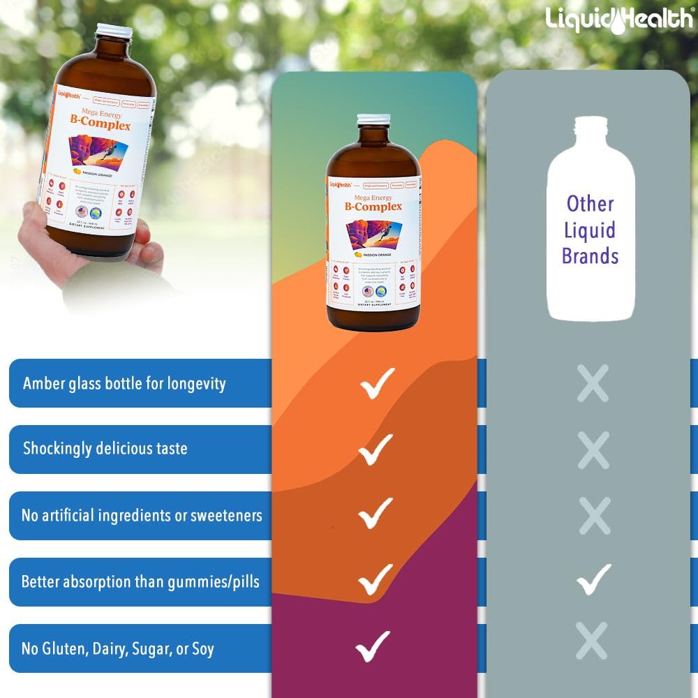 LIQUIDHEALTH Mega Energy B-Complex โ Liquid Vitamin for Energy, Immune Support & Heart Health | Made in USA | Vegan