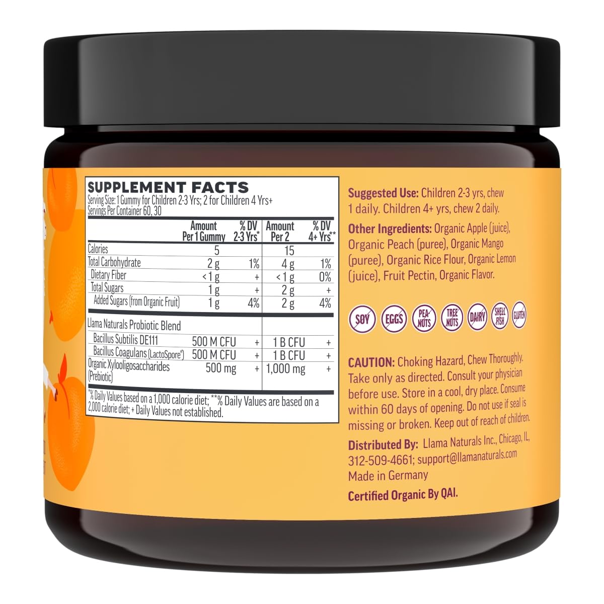 Llama Naturals Kids Probiotic with Prebiotic Fiber โ Vegan Gummies (Peach Mango) 60 Ct