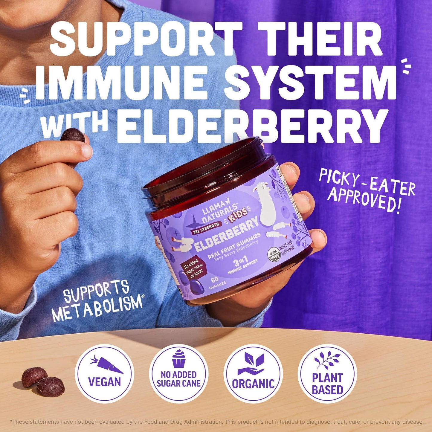 Llama Naturals Elderberry Gummies for Kids β Vegan Organic Immune Support with Vitamin C & Zinc (120 Ct)