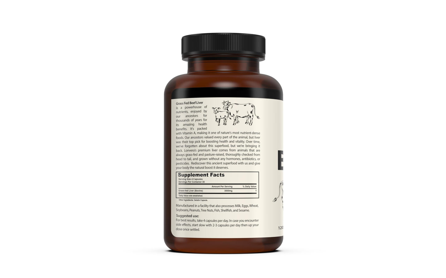 Lonvera Grass-Fed Beef Liver Capsules β 3000mg Freeze-Dried Desiccated Organs for Energy, Joints & Skin