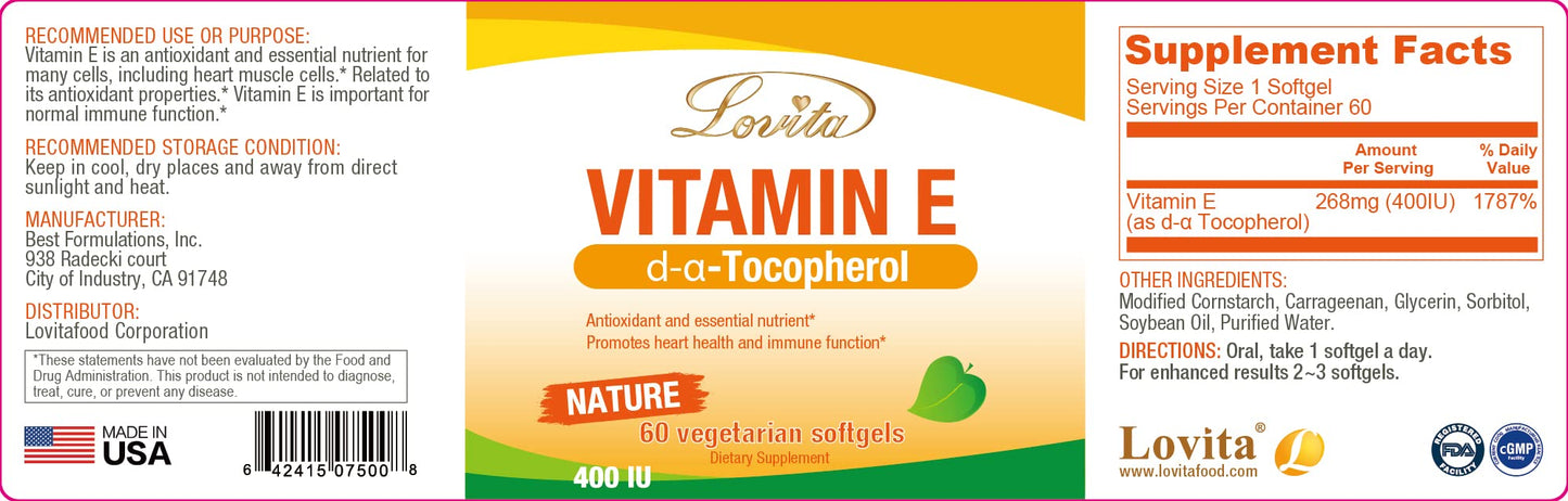 LOVITA Vitamin E 400 IU Softgels โ Vegan D Alpha Tocopherol for Healthy Skin, Hair, Nails & Immune Support | 60 Softgels