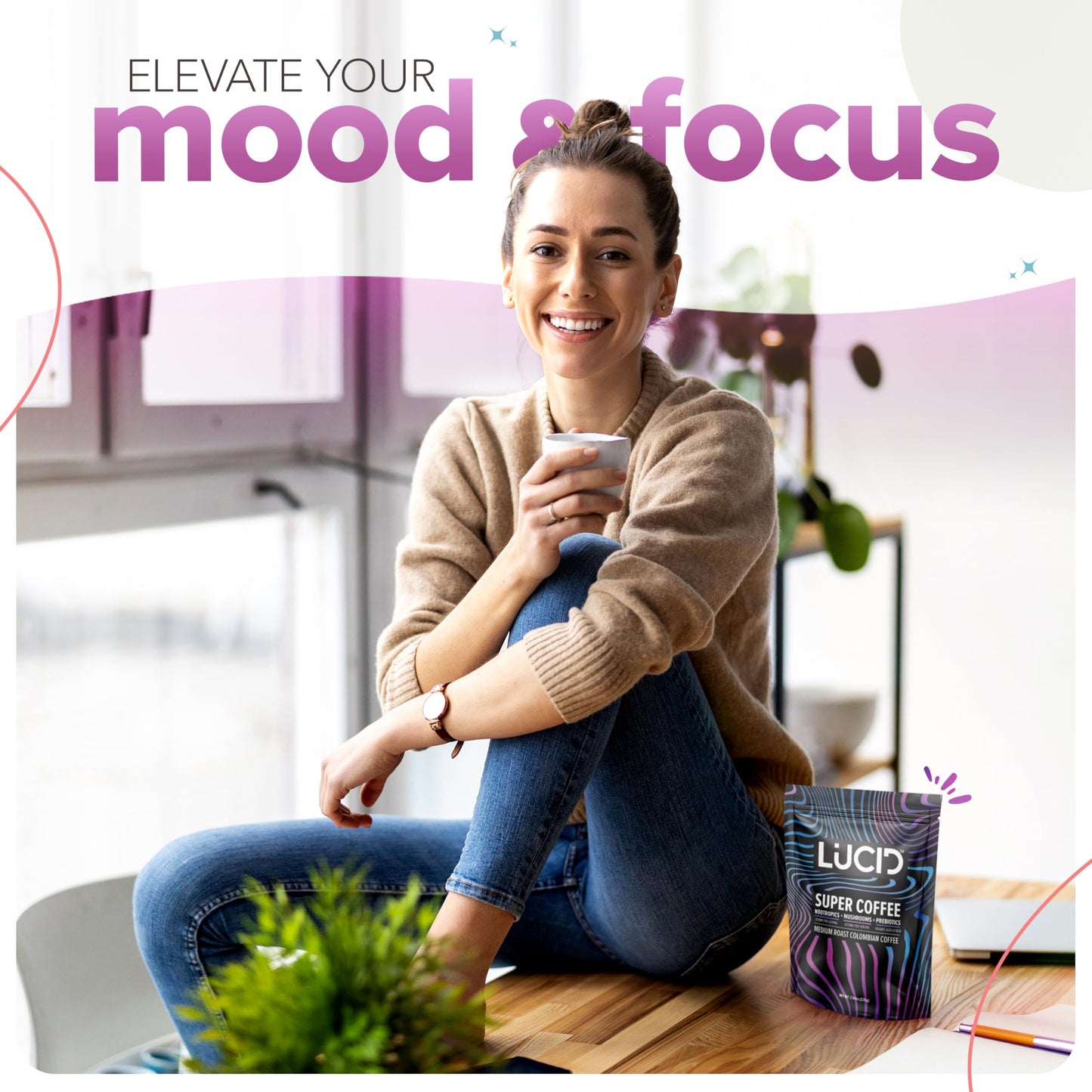 Lucid Superfood Organic Mushroom Coffee with Nootropics β Lion's Mane, Cordyceps & Tremella β Instant Focus Coffee β USA Made