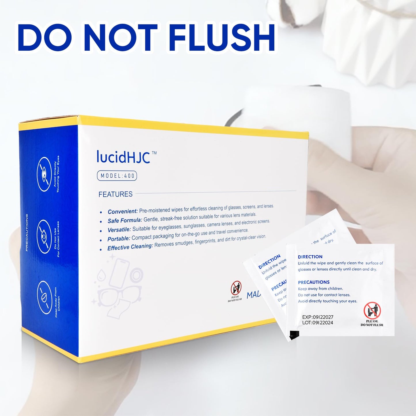 LucidHJC Lens Wipes โ 400 Pre-Moistened Wipes for Glasses, Lenses, and Screens