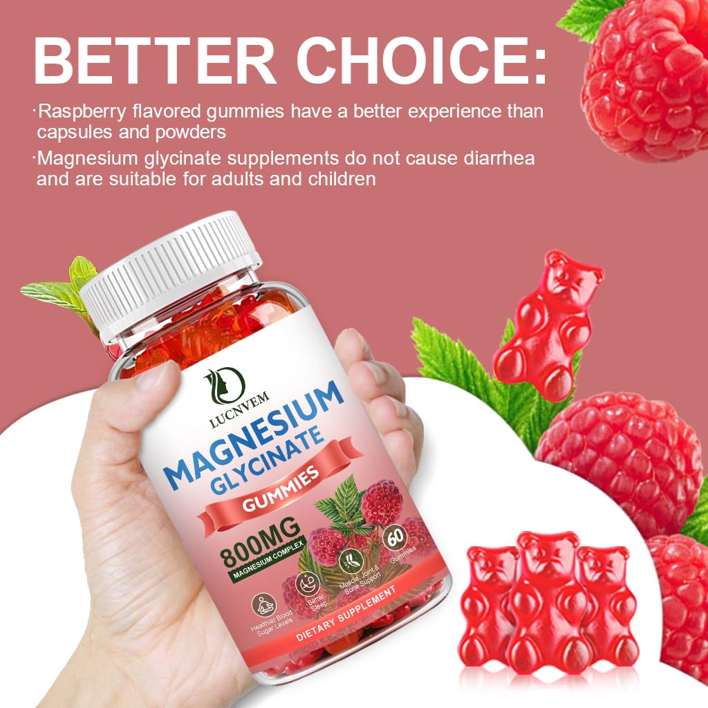 LUCNVEM Sugar Free Magnesium Glycinate Gummies โ 60 Raspberry Gummies (3 Pack)