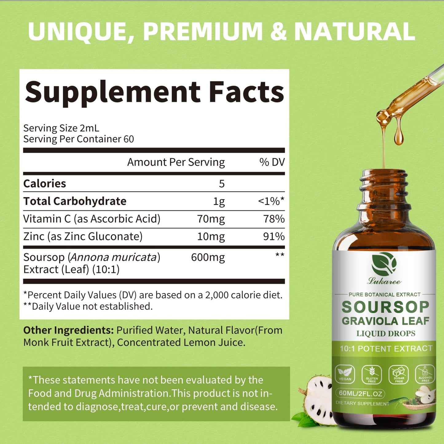 Lukaree Pure Soursop Leaf Extract Drops β 10X Concentrated Graviola, Alcohol-Free, Vegan & Non-GMO (4 fl oz)