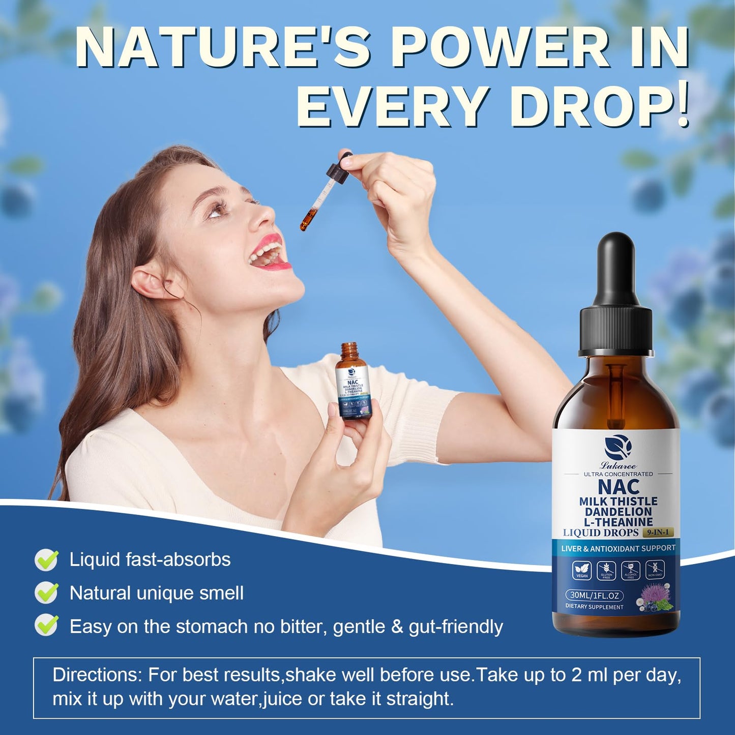 Lukaree Liposomal NAC 600mg Drops with Milk Thistle โ Liver & Kidney Support (Vegan, Non-GMO) 2oz