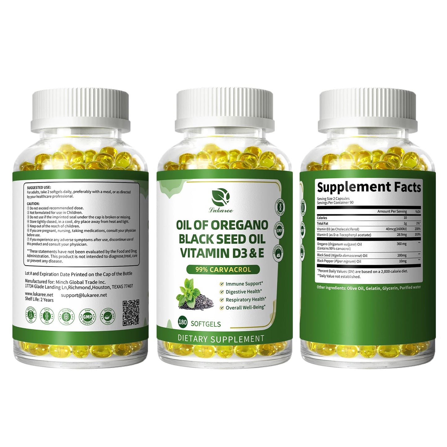 Lukaree Organic Oregano Oil Capsules with Black Seed Oil โ 99% Carvacrol, 5-in-1 with Vitamin D3 & E, Black Pepper | 2-Pack