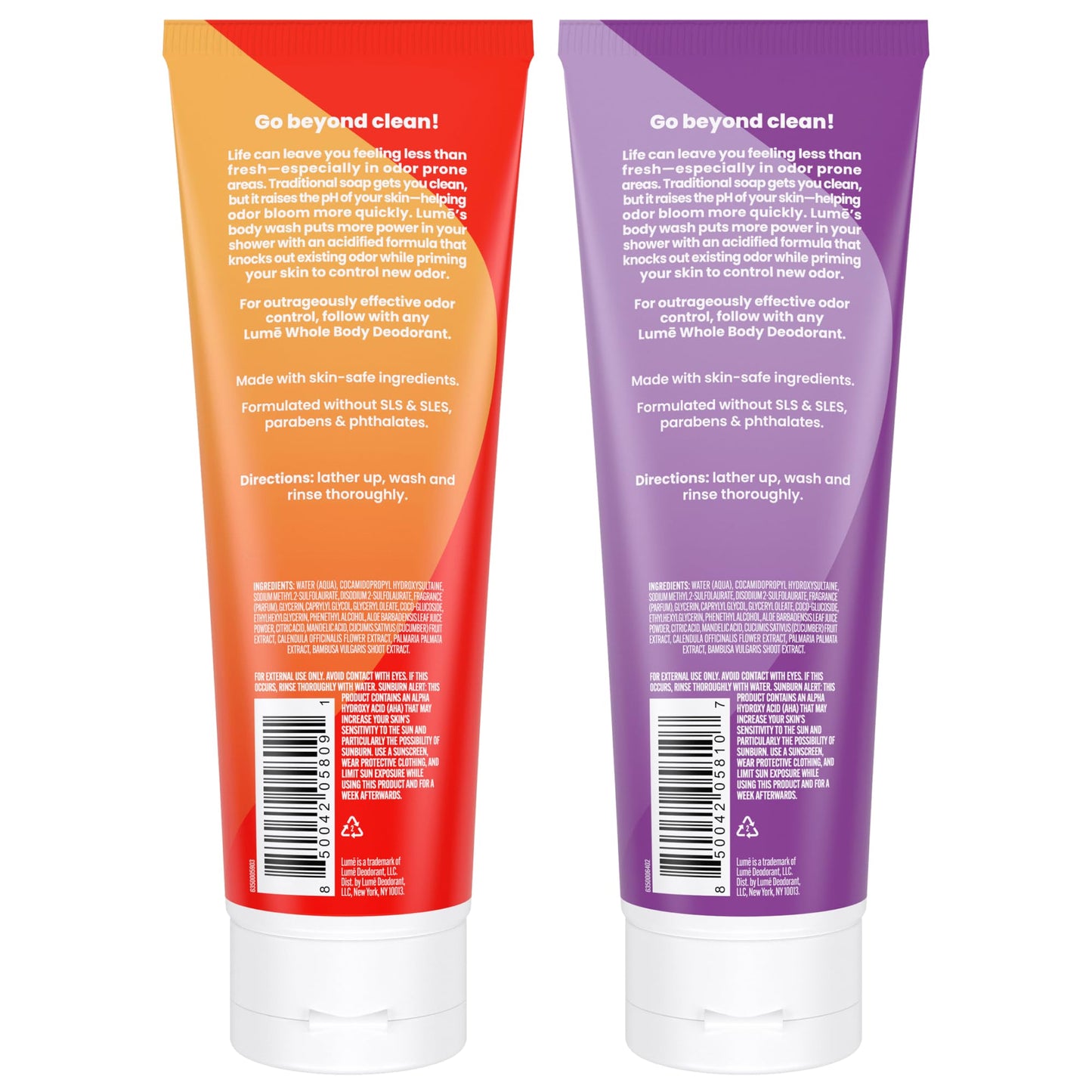Lume Acidified Body Wash β 24-Hour Odor Control, SLS/Paraben Free, OB/GYN Developed β 8.5 oz Pack of 2 (Clean Tangerine & Lavender Sage)
