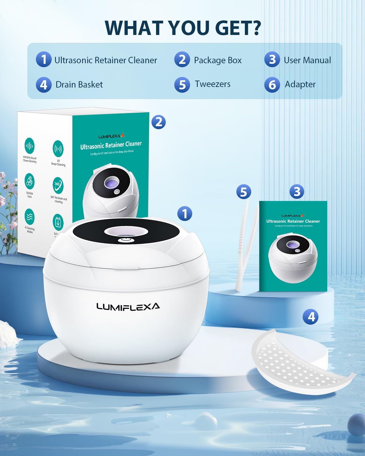 Lumiflexa Ultrasonic Retainer Cleaner โ 45kHz, 4 Modes, 200ml Dental Pod (White)
