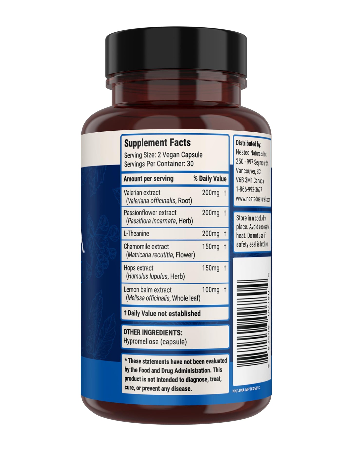Nested Naturals Luna Sleep Supplement โ Melatonin-Free, Non-Habit Forming Sleep Aid with Chamomile, Valerian & L-Theanine | 60 Vegan Capsules