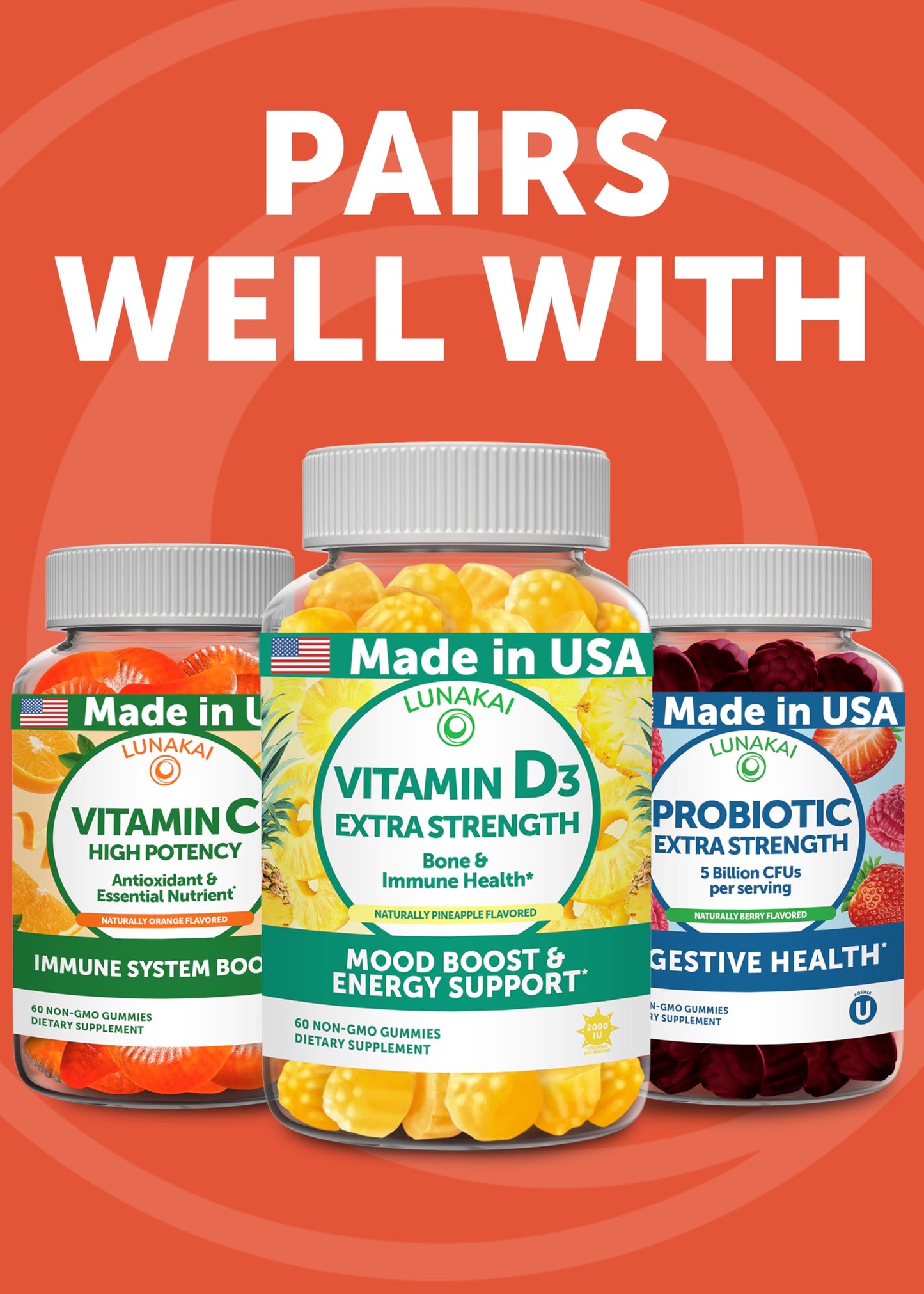 Lunakai USA Calcium Gummies with Magnesium, Zinc, Vitamin D3 & K2 โ 60ct