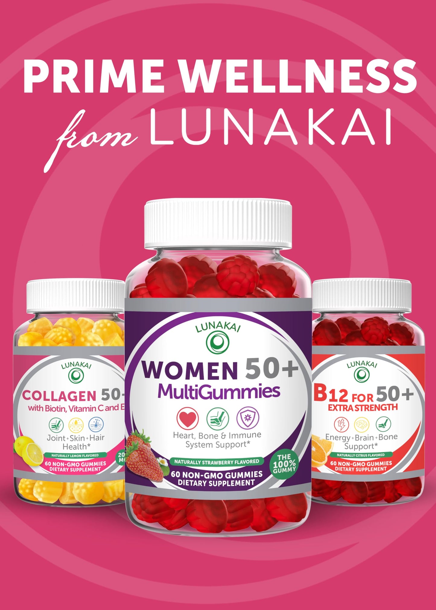 Lunakai USA Made Collagen Gummies for Women & Men Over 50 โ Biotin, Vitamin C, Skin Elasticity, Hair & Nails, Joint Support (60ct)