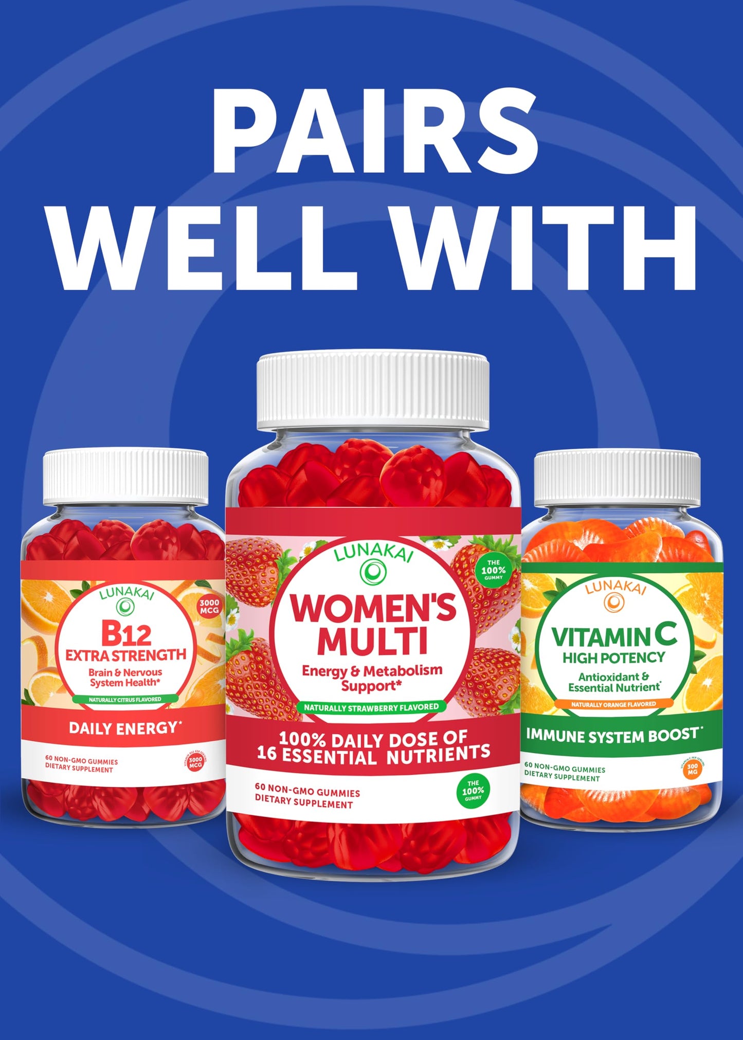 Lunakai Energy Gummies โ USA Made Vegan B12 (3000 mcg) 60ct