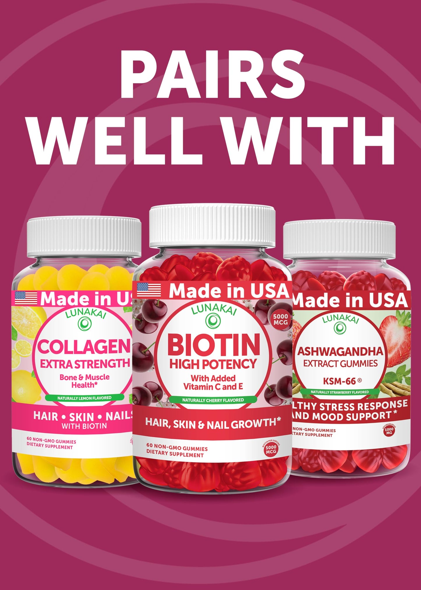 Lunakai USA Made Hair Gummies โ Biotin, Zinc & Horsetail | Hair Growth Vitamins 60ct