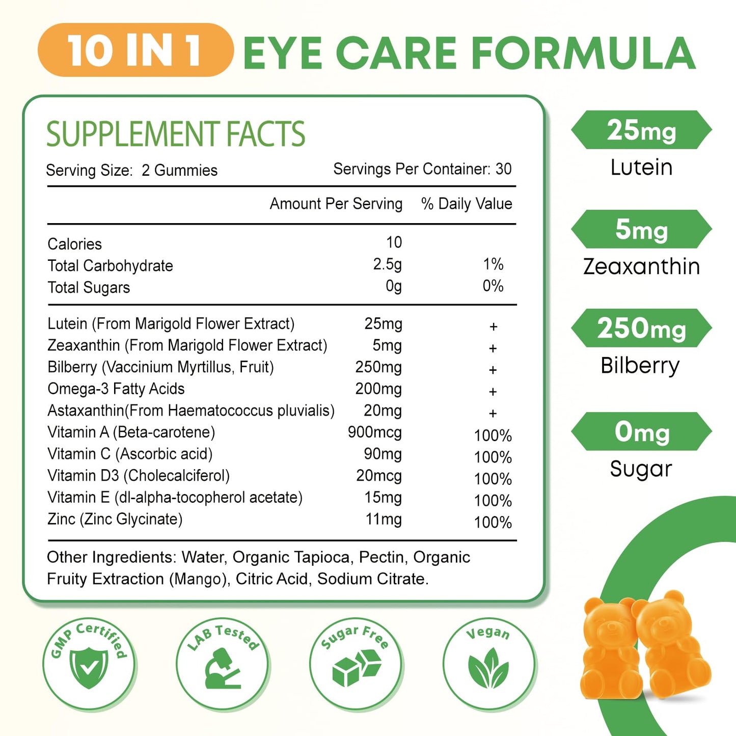 2 Pack Lutein Gummies 25mg โ Sugar Free Eye Health Gummies (Mango, 120 Count)
