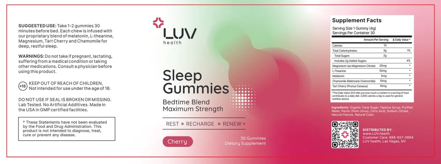 LUV health Sleep Gummies โ Natural Sleep Aid with Magnesium, L-Theanine, Melatonin (30 count)