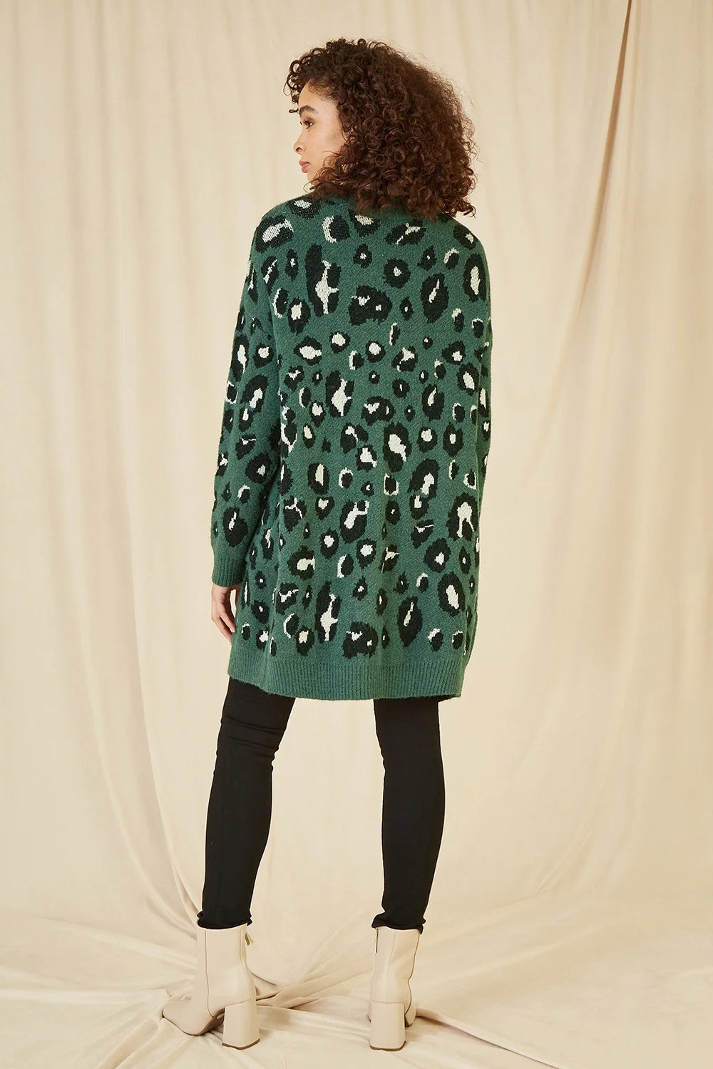 Yumi Green Animal Intarsia Long Cardigan