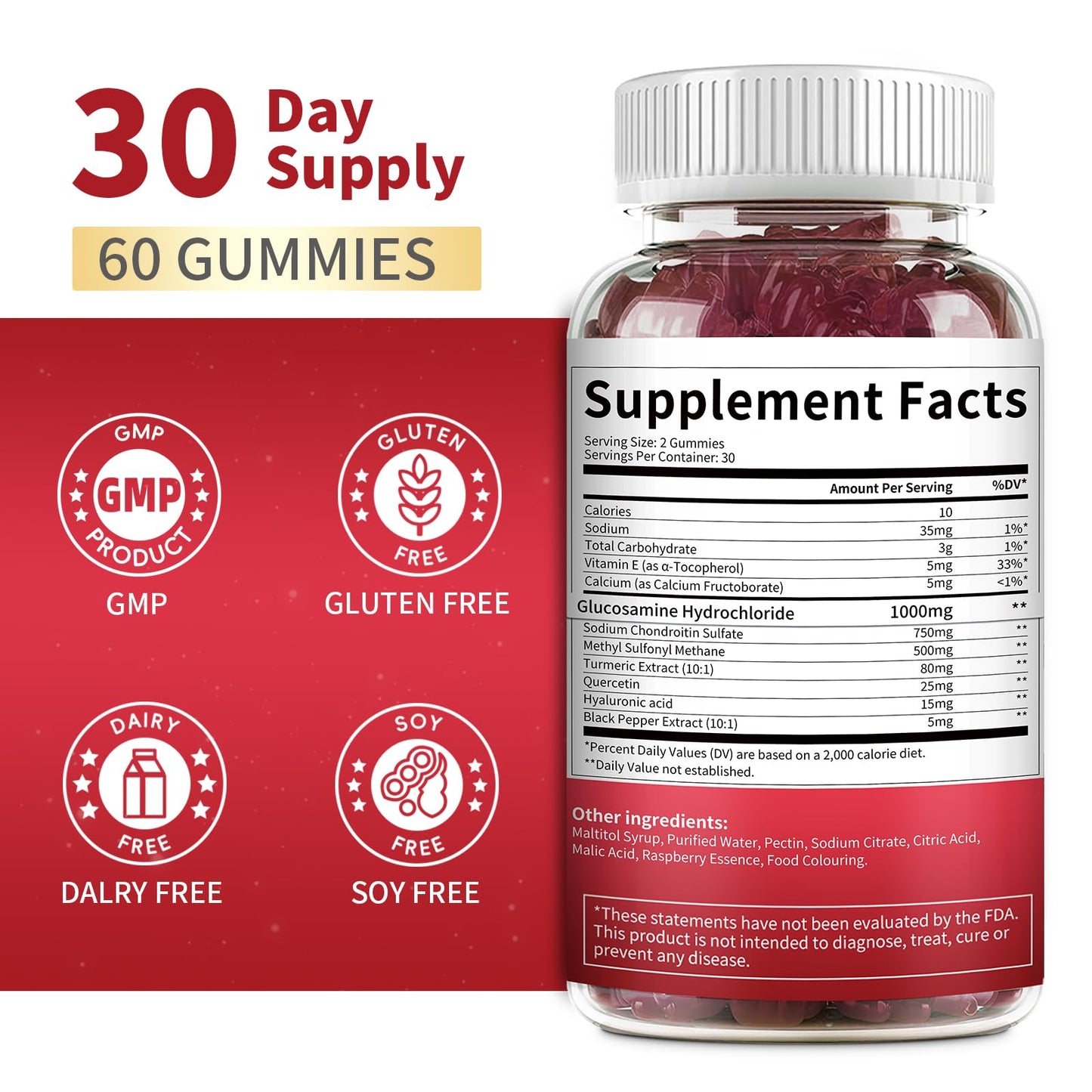 MABEFY 2 Pack Glucosamine Chondroitin Gummies โ 1000mg Glucosamine, 750mg Chondroitin, MSM, Turmeric, Quercetin, Vitamin E โ Joint Health Raspberry