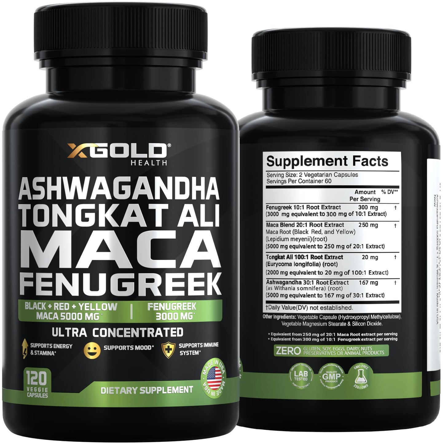 Ashwagandha 5000mg, Tongkat Ali 1000mg, Maca Root 5000mg | Fenugreek Supplement โ Made in USA