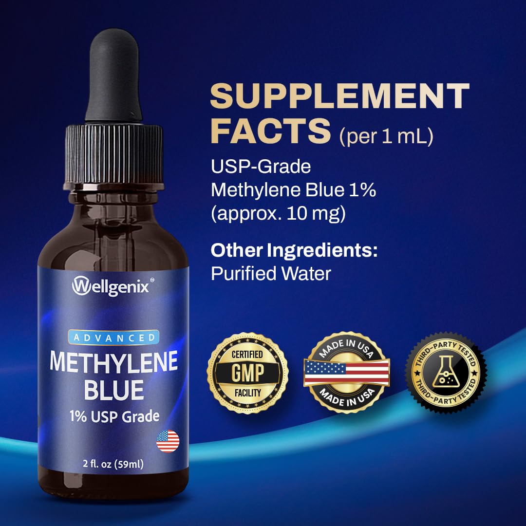 Wellgenix Methylene Blue Drops 1% USP Grade โ Pharmaceutical Grade, Formaldehyde-Free (2 fl oz)