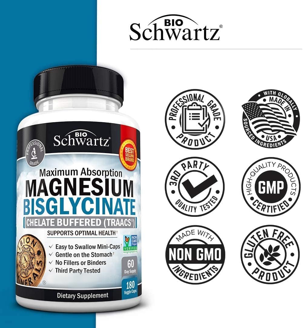 Magnesium Bisglycinate Chelated Supplement β High-Absorption for Muscle, Bone & Joint Support (180 Capsules)