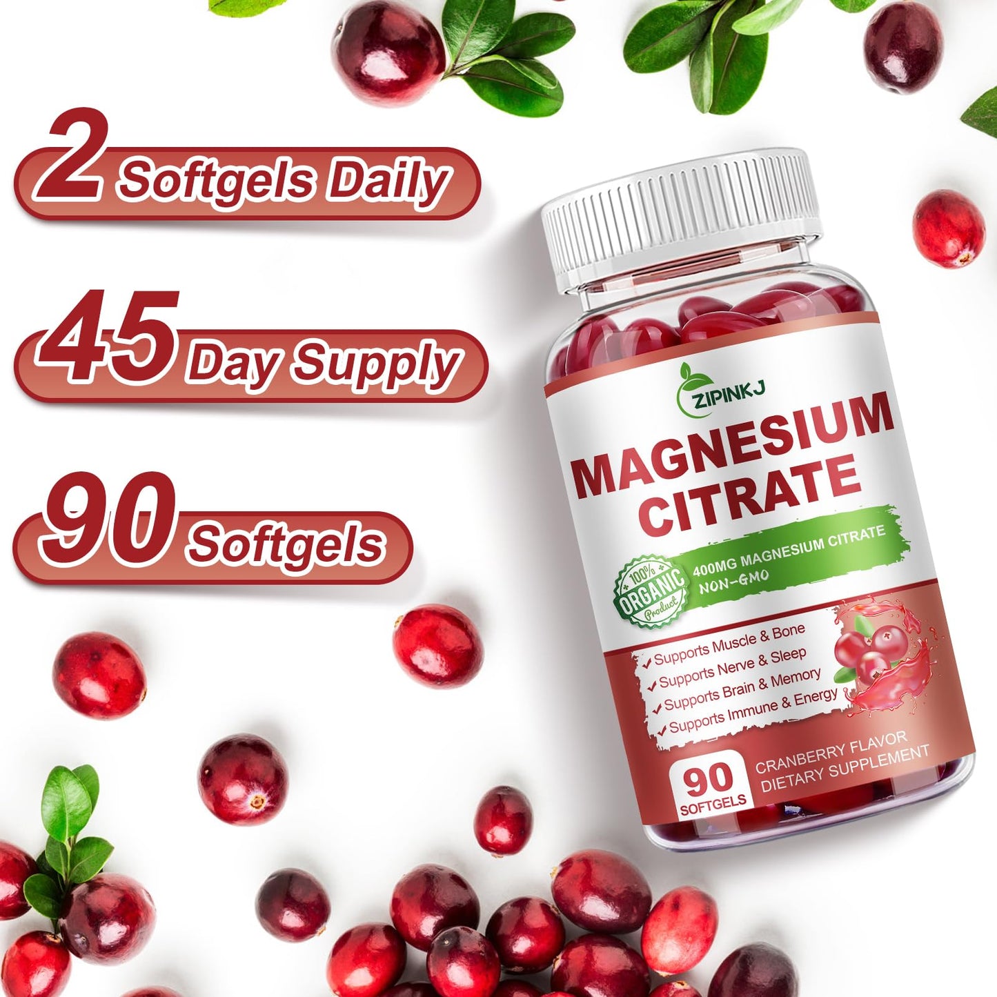 Magnesium Citrate 400mg with Vitamin D3, B6 & Cranberry โ 180-Count, 90 Days Supply