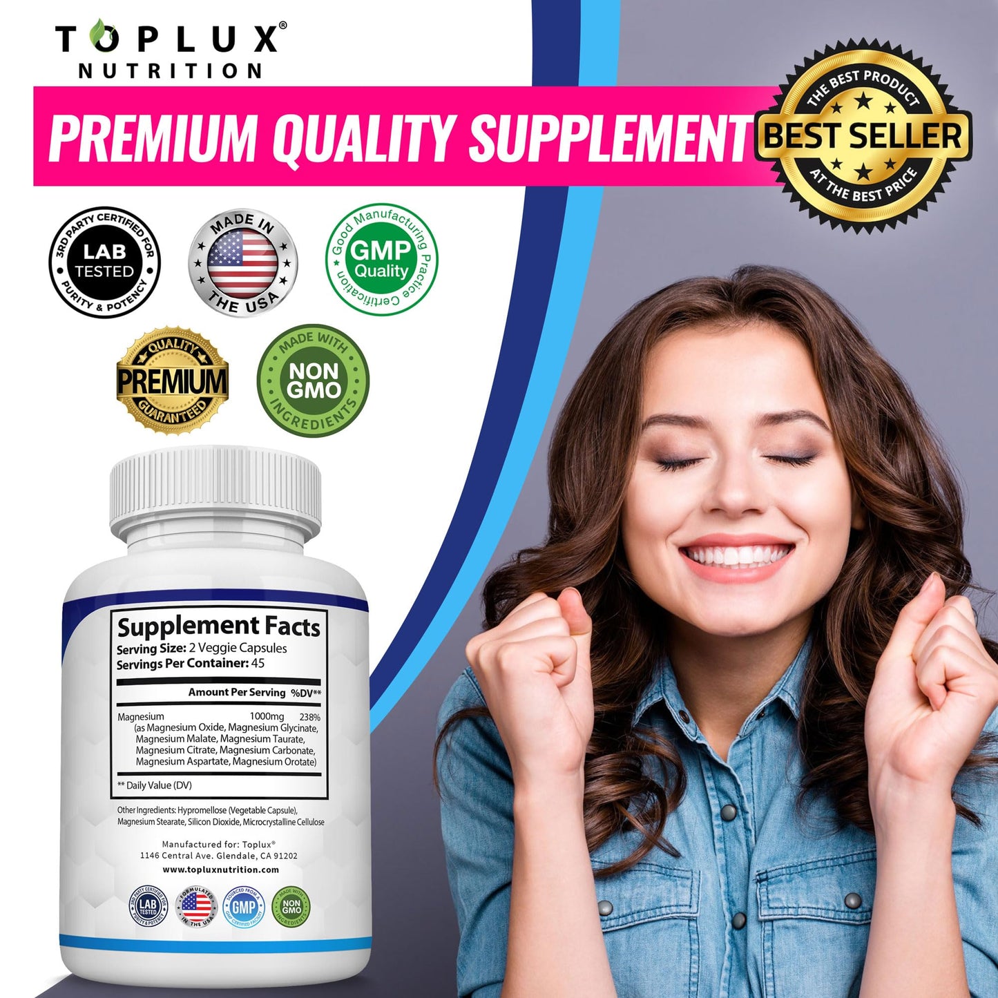 Magnesium Complex 8-Elemental 1000mg โ Glycinate, Citrate, Malate, Taurate | 90 Veg Capsules