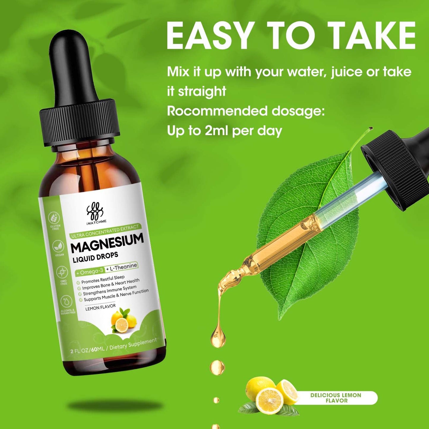 Magnesium Complex Liquid Drops โ Glycinate, Oxide, Taurate & Citrate, Lemon 2 fl oz