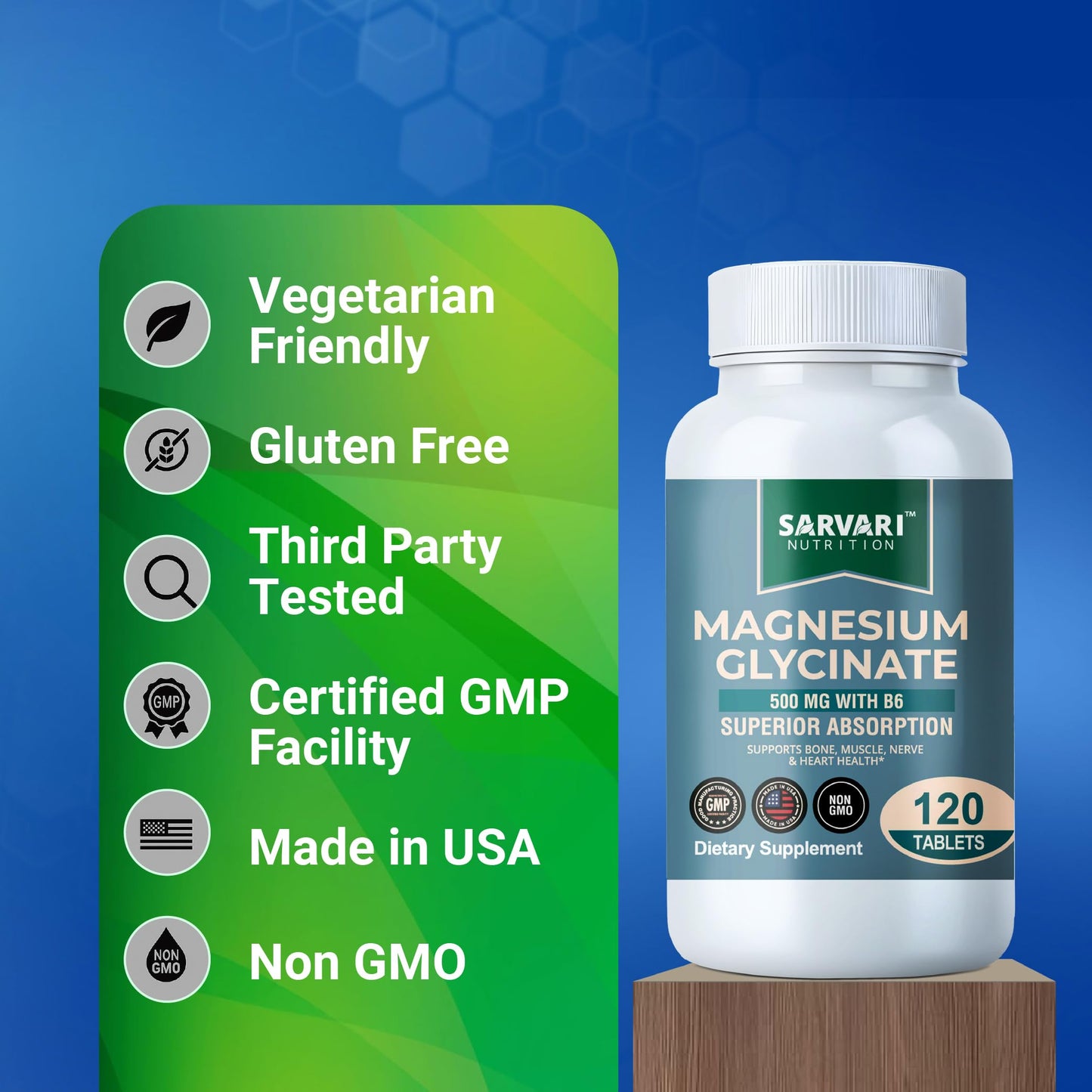 Magnesium Glycinate 500mg with B6 โ 120 Vegetarian Tablets | Non-GMO, Gluten Free