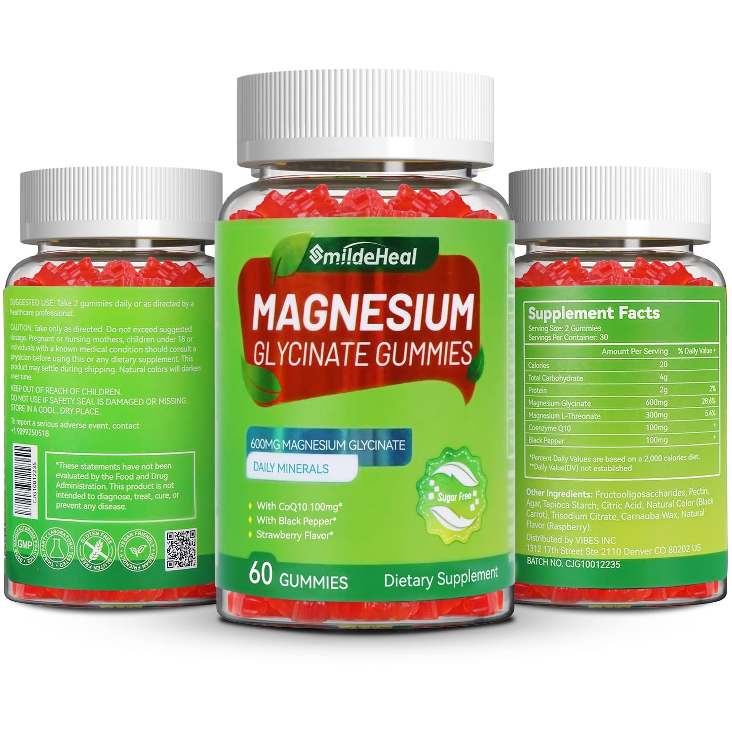 Magnesium Glycinate Gummies 600mg + L-Threonate 300mg, CoQ10, Black Pepper โ Vegan (60 Count) | SmildeHeal