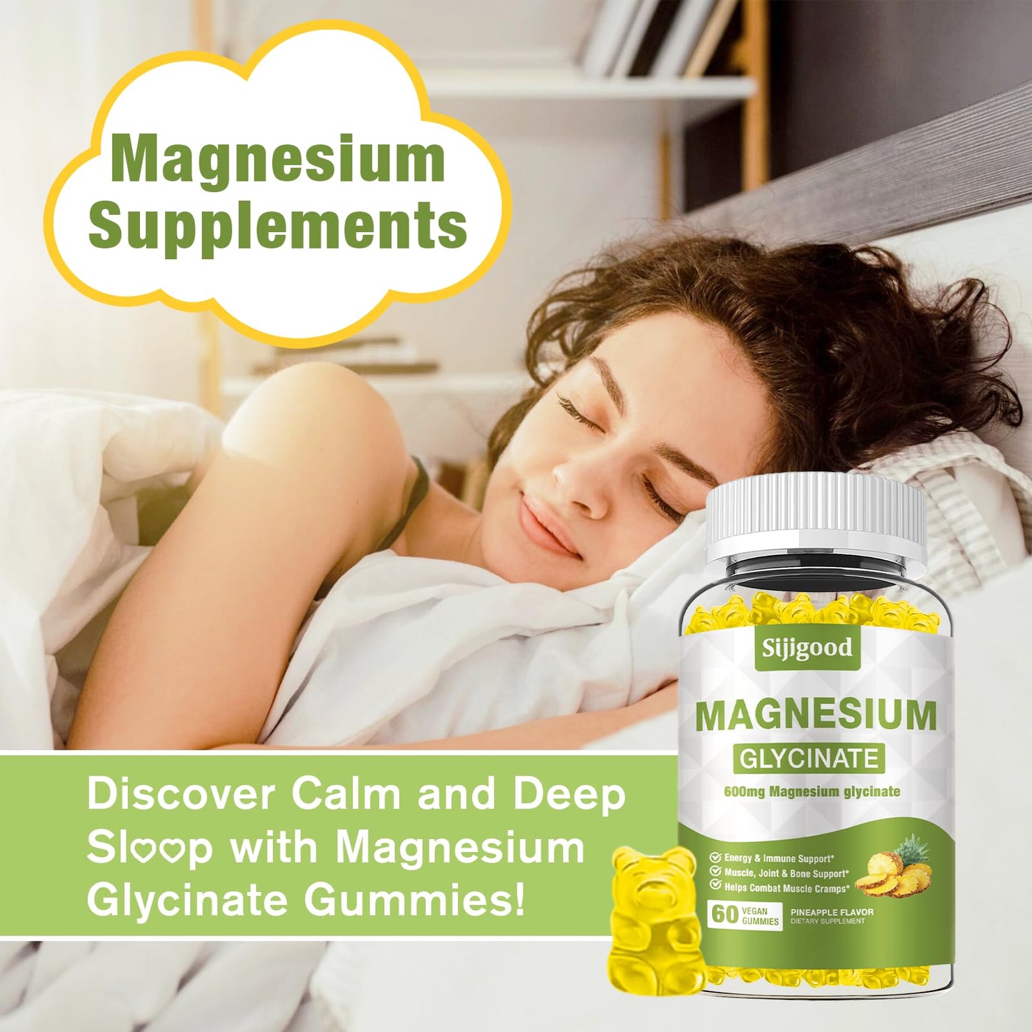 Magnesium Glycinate Gummies 600mg โ Relaxation & Sleep Support (Sugar-Free, Pineapple)
