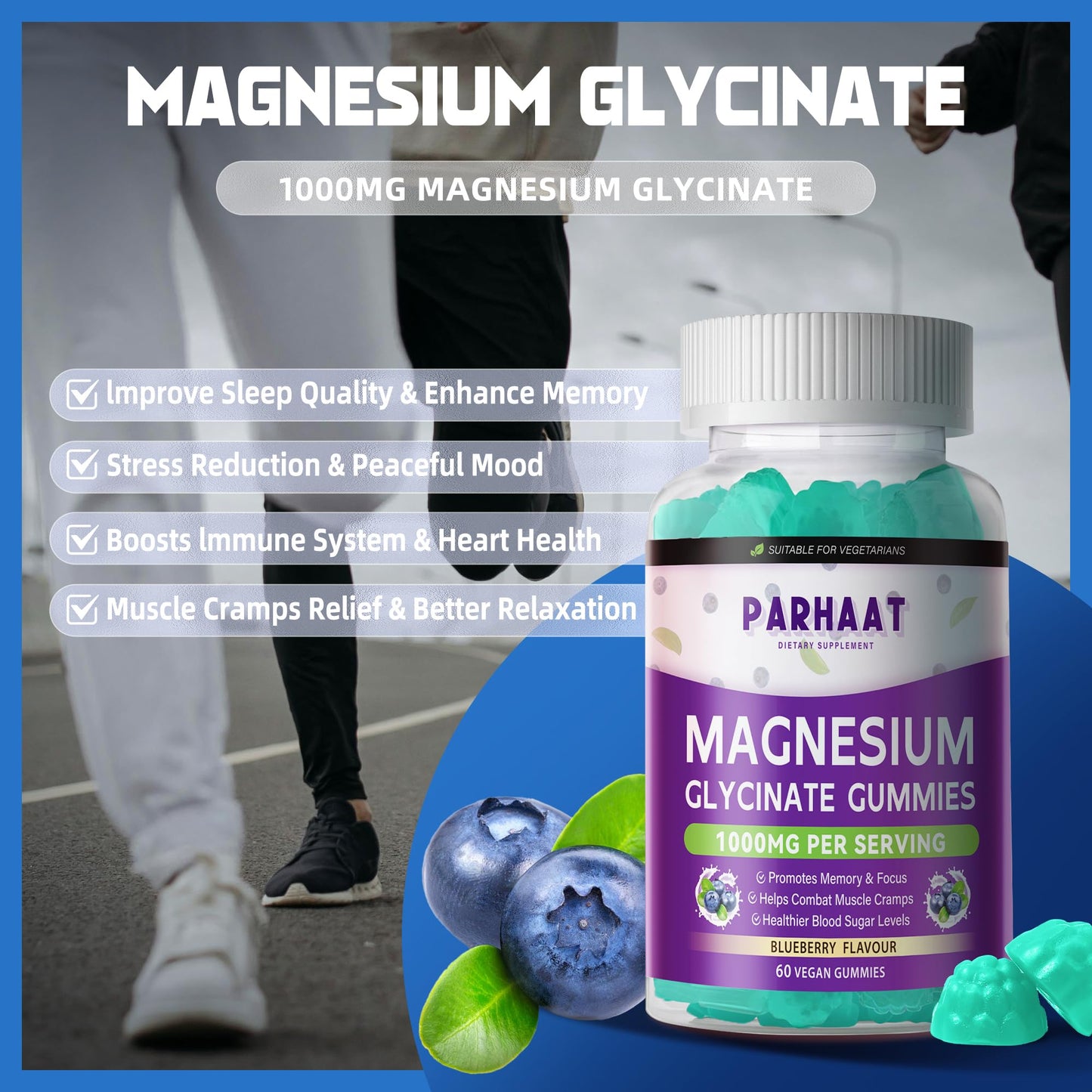 Magnesium Glycinate Gummies โ Sugar Free Blueberry with Vitamin D, B6, CoQ10 | 120 Chews
