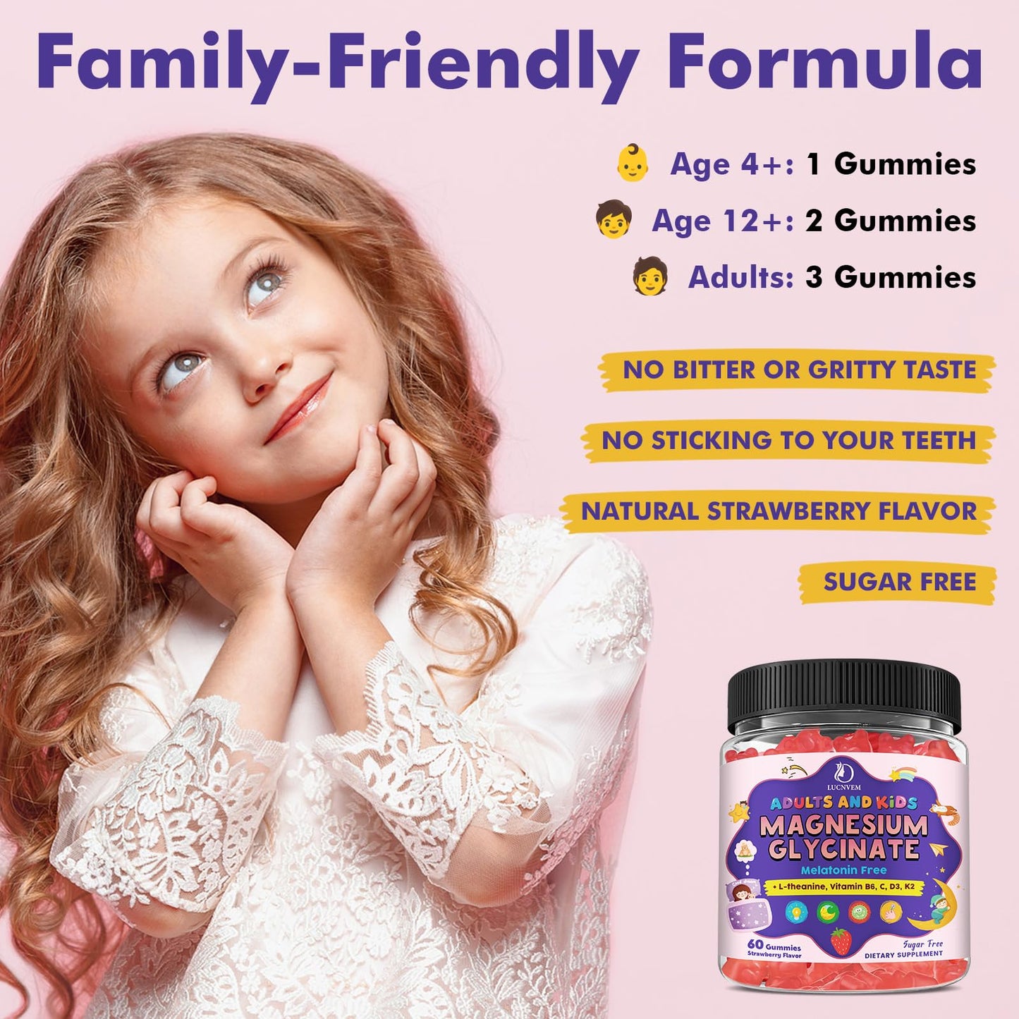Magnesium Glycinate Gummies 60 Ct โ Sleep & Calm Support for Kids 4+ & Adults, Sugar-Free Strawberry Flavor
